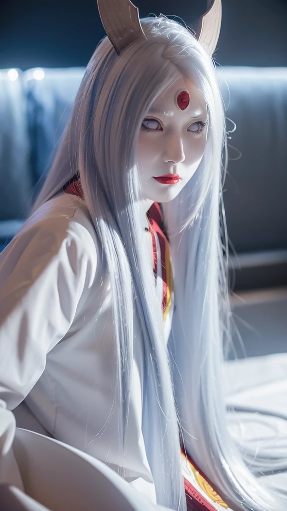 a full bodyof a person with long hair and a hoodie, otsutsuki kaguya, kaguya from anime naruto, as an anime character, perfect anime face, she has white hair with bangs, female anime character, anime character, anime best girl, hime cut hairstyle, white hair, (red glossy lips:1.3), white eyes, smile, city background, (beautiful face:1.3)