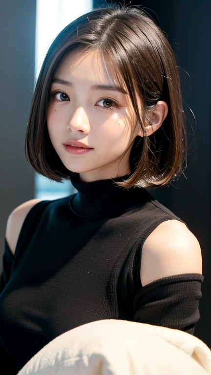(((Close-up of face)))、(((Absolutely shoulder-length brown straight short bob)))、(((She is posing like a hair salon model, with a black wall indoors as the background.)))、(((Casual black winter long sleeves with shoulders covered)))、Half Japanese, half Korean、18 year old girl、Standing Alone、Looking forward、Light eye makeup、Brown Hair Color、Flat and 、Hair blowing in the wind、Actress Quality、Glossy, ultra-realistic face、Smiling face、Watery eyes、Gazing Up、Subtle lighting effects、 Ultra-Realistic Capture、Very detailed、High resolution 16K close up of human skin。Skin texture must be natural、The details must be such that pores can be clearly seen、The skin is healthy、Uniform tone、Use natural light and colors、A worn-out, high-quality photo taken by a model agency's in-house photographer.、smile、(((SIGMA 300 mm F/1.4,1/1000 sec shutter,ISO 400)))