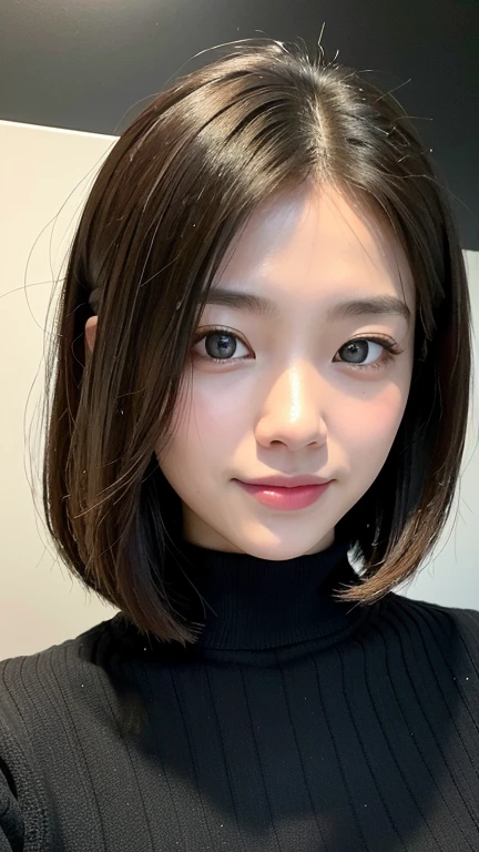 (((Close-up of face)))、(((Absolutely shoulder-length brown straight short bob)))、(((She is posing like a hair salon model, with a black wall indoors as the background.)))、(((Casual black winter long sleeves with shoulders covered)))、Half Japanese, half Korean、18 year old girl、Standing Alone、Looking forward、Light eye makeup、Brown Hair Color、Flat and 、Hair blowing in the wind、Actress Quality、Glossy, ultra-realistic face、Smiling face、Watery eyes、Gazing Up、Subtle lighting effects、 Ultra-Realistic Capture、Very detailed、High resolution 16K close up of human skin。Skin texture must be natural、The details must be such that pores can be clearly seen、The skin is healthy、Uniform tone、Use natural light and colors、A worn-out, high-quality photo taken by a model agency's in-house photographer.、smile、(((SIGMA 300 mm F/1.4,1/1000 sec shutter,ISO 400)))
