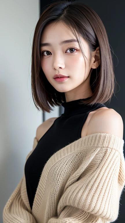 (((Close-up of face)))、(((Absolutely shoulder-length brown straight short bob)))、(((She is posing like a hair salon model, with a black wall indoors as the background.)))、(((Casual black winter long sleeves with shoulders covered)))、Half Japanese, half Korean、18 year old girl、Standing Alone、Looking forward、Light eye makeup、Brown Hair Color、Flat and 、Hair blowing in the wind、Actress Quality、Glossy, ultra-realistic face、Smiling face、Watery eyes、Gazing Up、Subtle lighting effects、 Ultra-Realistic Capture、Very detailed、High resolution 16K close up of human skin。Skin texture must be natural、The details must be such that pores can be clearly seen、The skin is healthy、Uniform tone、Use natural light and colors、A worn-out, high-quality photo taken by a model agency's in-house photographer.、smile、(((SIGMA 300 mm F/1.4,1/1000 sec shutter,ISO 400)))