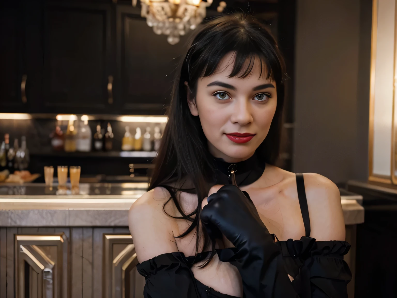 Magazine style photo of a smiling flirting with the camera Bettie page with black ponytail hair wearing a black 1900s off-the-shoulder ball dress and high black gloves inspired by Dior and Céline, red lipstick, direct lighting, at the grand hotel balloorm bar, holding from behind a gorgeous blonde woman,dark plain background, dynamic pose, beautiful body, 160 cm 50 kg, Soho, shot on Kodak Colorplus 200, film photography, f1.8 50mm lens