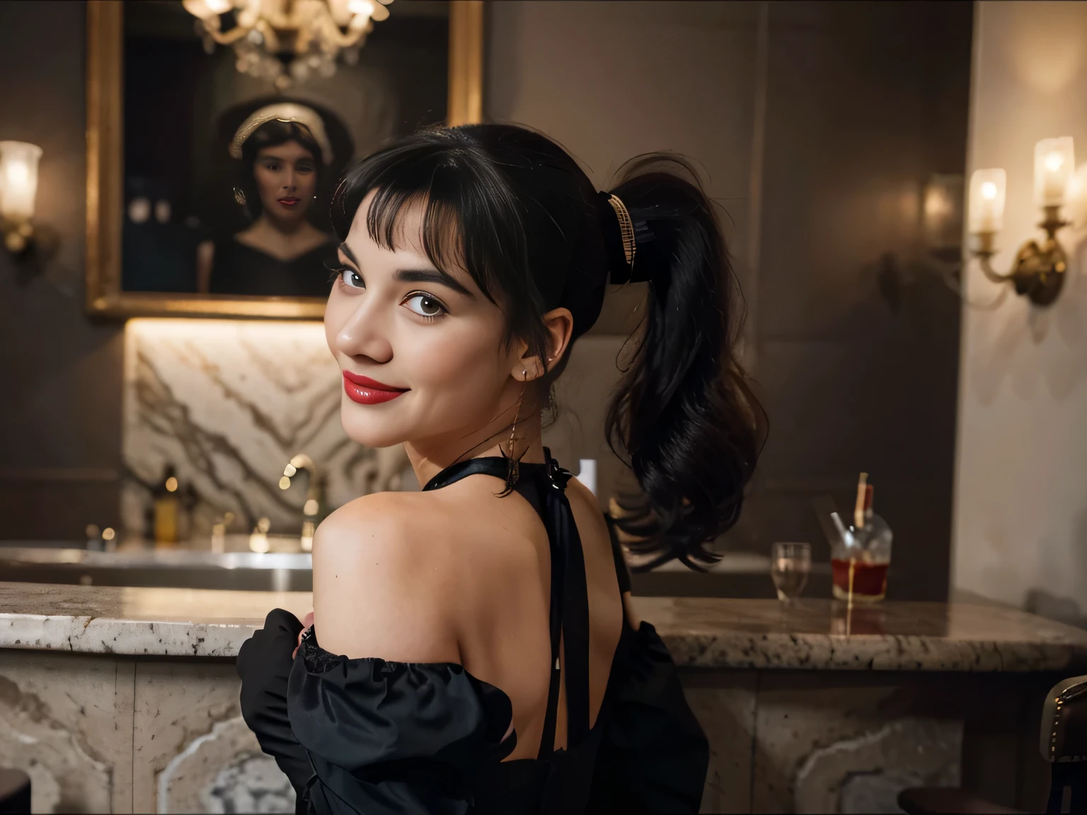 Magazine style photo of a smiling flirting with the camera Bettie page with black ponytail hair wearing a black 1900s off-the-shoulder ball dress and high black gloves inspired by Dior and Céline, red lipstick, direct lighting, at the grand hotel balloorm bar, holding from behind a gorgeous blonde woman,dark plain background, dynamic pose, beautiful body, 160 cm 50 kg, Soho, shot on Kodak Colorplus 200, film photography, f1.8 50mm lens