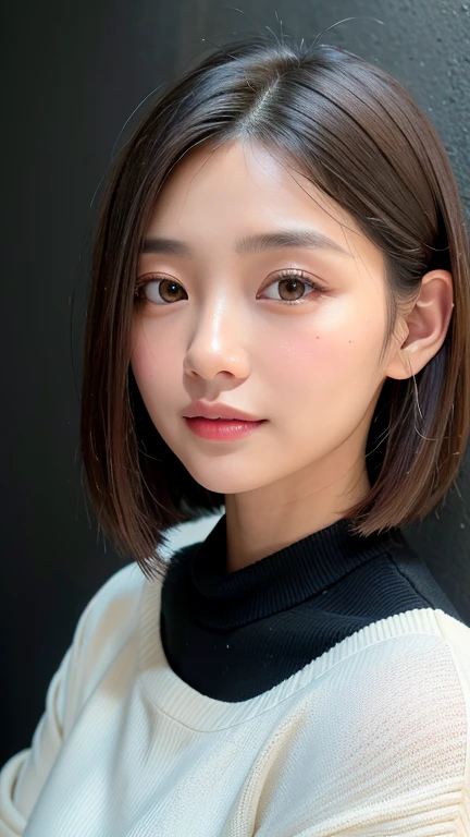 (((Close-up of face)))、(((Absolutely shoulder-length brown straight short bob)))、(((She is posing like a hair salon model, with a black wall indoors as the background.)))、(((Casual black winter long sleeves with shoulders covered)))、Half Japanese, half Korean、18 year old girl、Standing Alone、Looking forward、Light eye makeup、Brown Hair Color、Flat and 、Hair blowing in the wind、Actress Quality、Glossy, ultra-realistic face、Smiling face、Watery eyes、Gazing Up、Subtle lighting effects、 Ultra-Realistic Capture、Very detailed、High resolution 16K close up of human skin。Skin texture must be natural、The details must be such that pores can be clearly seen、The skin is healthy、Uniform tone、Use natural light and colors、A worn-out, high-quality photo taken by a model agency's in-house photographer.、smile、(((SIGMA 300 mm F/1.4,1/1000 sec shutter,ISO 400)))