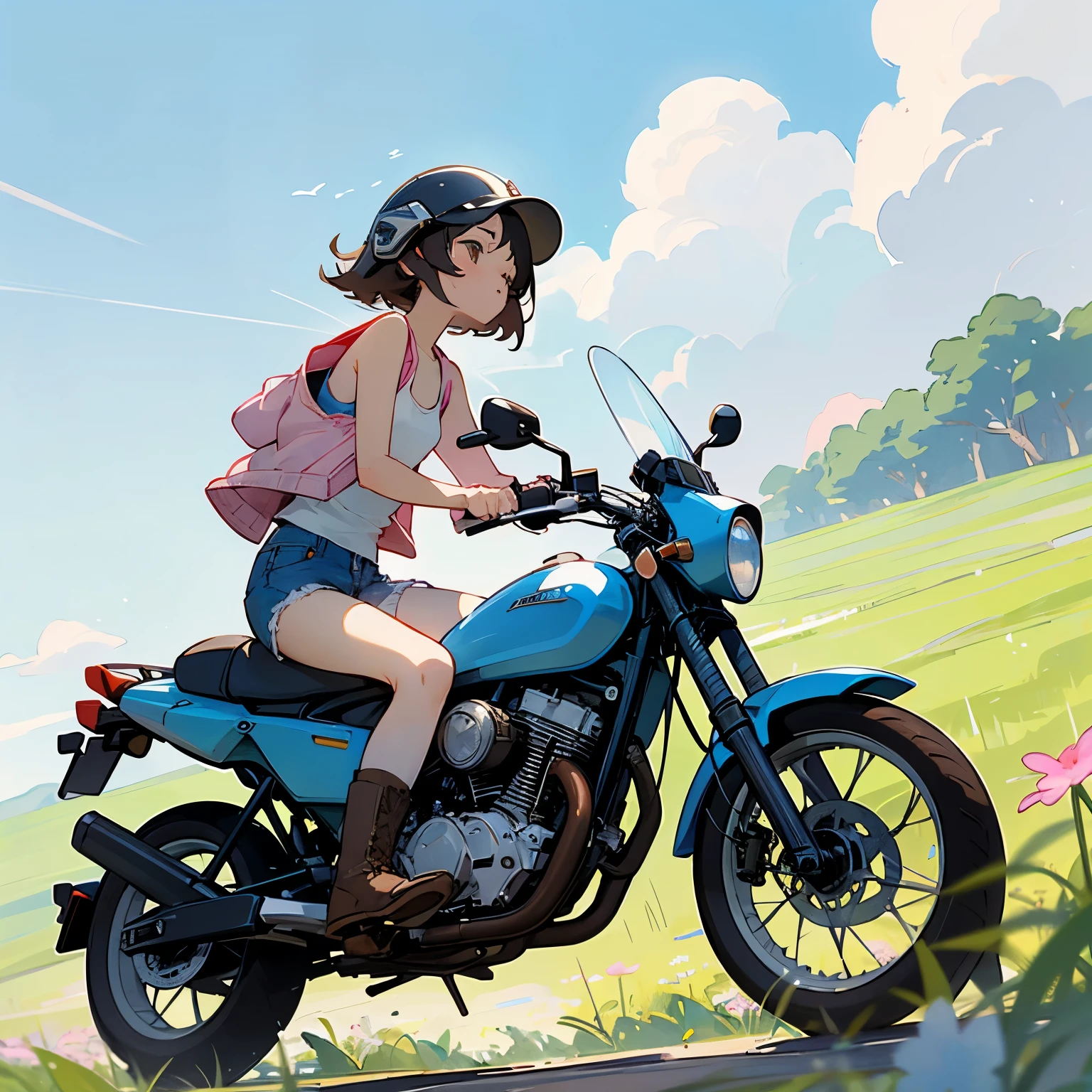 Highest quality、A girl is riding a white Super Cub、Dark brown short cut、(He is wearing a jet helmet with white and black lines running down the center of the helmet from front to back.、White tank top、Pink jacket、Denim shorts、White knee-high socks、Brown work boots:1.3)、Japanese countryside scenery、Road beside the stream、Small creek、Dirt Road、Weeds grow along the side of the road、Blue sky、White clouds floating、Early summer sky、