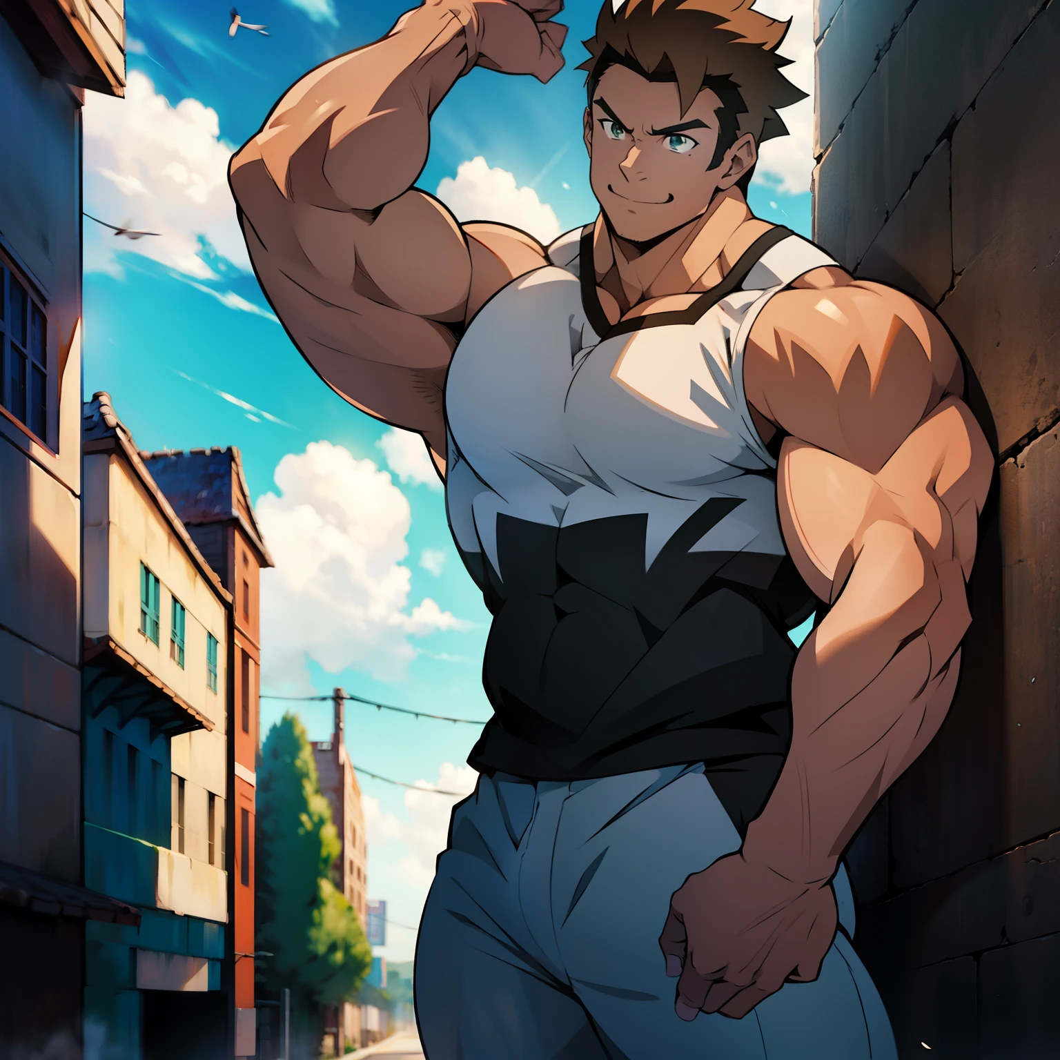 ((Anime style art)), Extremely muscular masculine character, bodybuilder body, wearing a sleeveless V-neck shirt, hands raised at neck level, The character is leaning against a wall. Pockets, Futuristic cityscape, Busy route, Buildings, person
AS & Vehicles. Main character from the anime, Nice image, Hard drive, 4k, Main character leaning against a wall with his hands at face level.