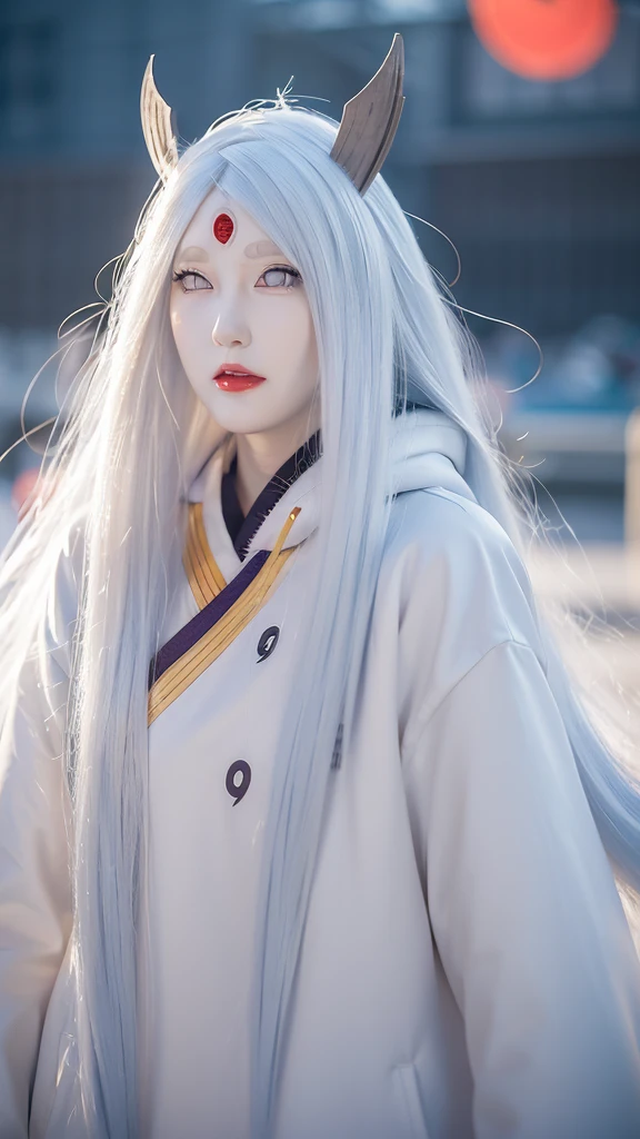 a photo shoot of a person with long hair and a hoodie, otsutsuki kaguya, kaguya from anime naruto, as an anime character, perfect anime face, she has white hair with bangs, female anime character, anime character, anime best girl, hime cut hairstyle, white hair, (red glossy lips:1.3), white eyes, smile, city background, (beautiful face:1.3)