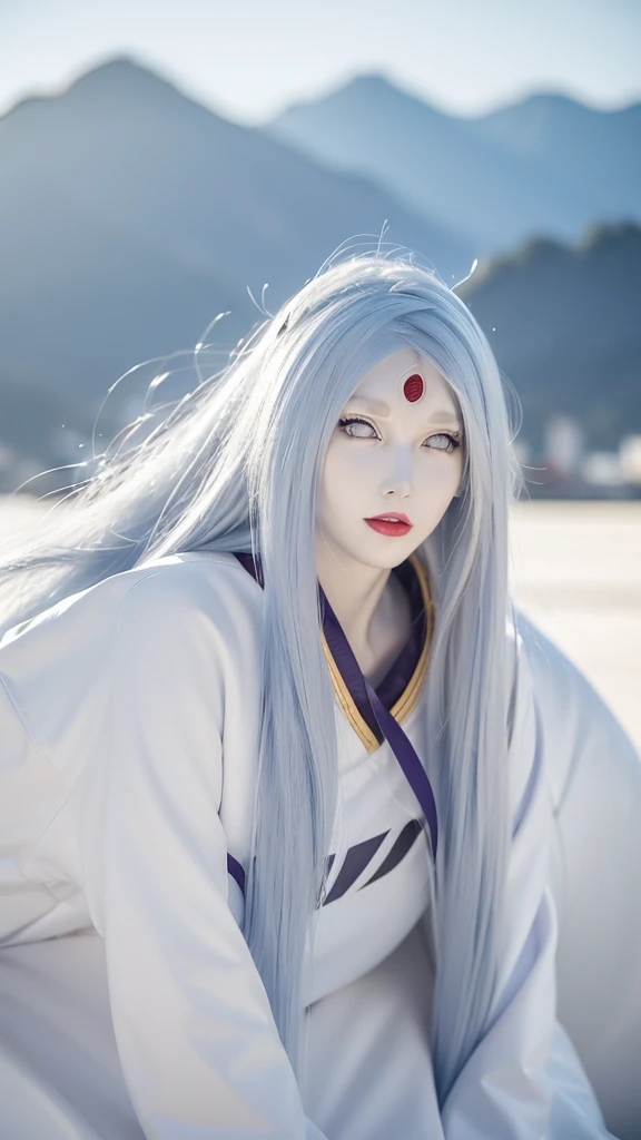 a photo shoot of a person with long hair and a hoodie, otsutsuki kaguya, kaguya from anime naruto, as an anime character, perfect anime face, she has white hair with bangs, female anime character, anime character, anime best girl, hime cut hairstyle, white hair, (red glossy lips:1.3), white eyes, smile, city background, (beautiful face:1.3)