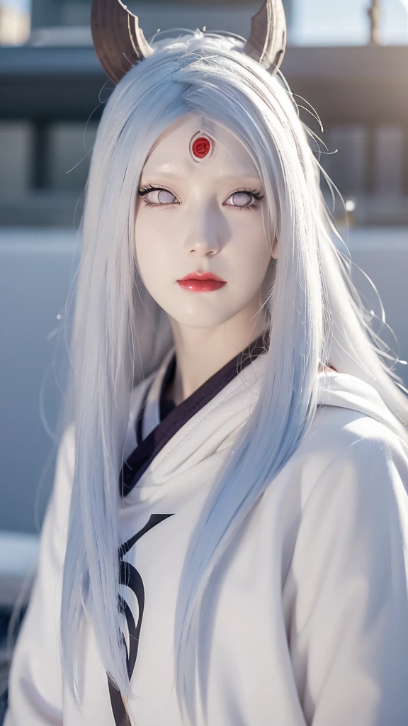 a photo shoot of a person with long hair and a hoodie, otsutsuki kaguya, kaguya from anime naruto, as an anime character, perfect anime face, she has white hair with bangs, female anime character, anime character, anime best girl, hime cut hairstyle, white hair, (red glossy lips:1.3), white eyes, smile, city background, (beautiful face:1.3)