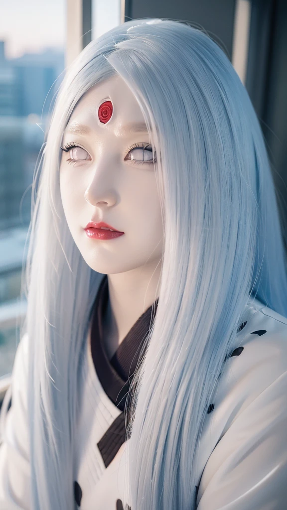 a photo shoot of a person with long hair and a hoodie, otsutsuki kaguya, kaguya from anime naruto, as an anime character, perfect anime face, she has white hair with bangs, female anime character, anime character, anime best girl, hime cut hairstyle, white hair, (red glossy lips:1.3), white eyes, smile, city background, (beautiful face:1.3)