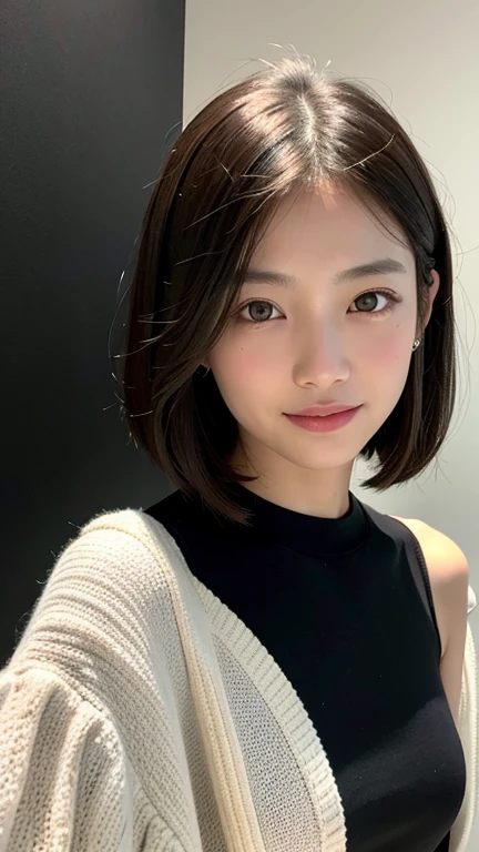 (((Close-up of face)))、(((Absolutely shoulder-length brown straight short bob)))、(((She is posing like a hair salon model, with a black wall indoors as the background.)))、(((Casual black winter long sleeves with shoulders covered)))、Half Japanese, half Korean、18 year old girl、Standing Alone、Looking forward、Light eye makeup、Brown Hair Color、Flat and 、Hair blowing in the wind、Actress Quality、Glossy, ultra-realistic face、Smiling face、Watery eyes、Gazing Up、Subtle lighting effects、 Ultra-Realistic Capture、Very detailed、High resolution 16K close up of human skin。Skin texture must be natural、The details must be such that pores can be clearly seen、The skin is healthy、Uniform tone、Use natural light and colors、A worn-out, high-quality photo taken by a model agency's in-house photographer.、smile、(((SIGMA 300 mm F/1.4,1/1000 sec shutter,ISO 400))) 