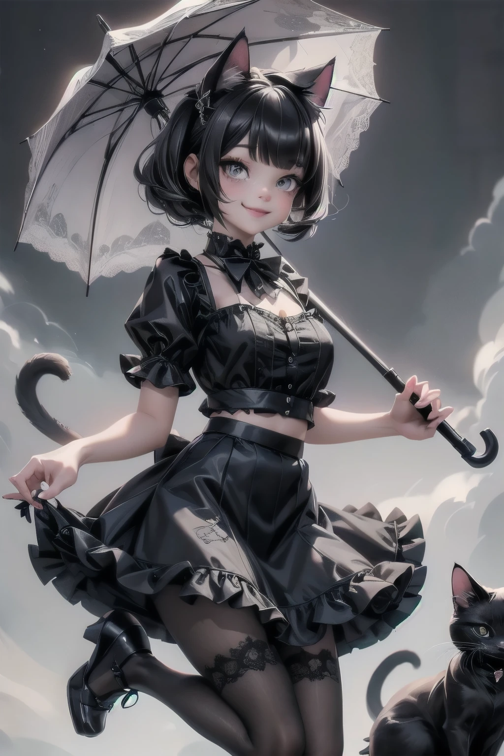 a cat girl smiling, goth clothing style, lace cloth clothing, wearing a mini ruffled skirt and crop shirt, shirt with short puffy sleeves, nylons, strap pumps, holding an umbrella, floating, creepy, horror style, dynamic pose