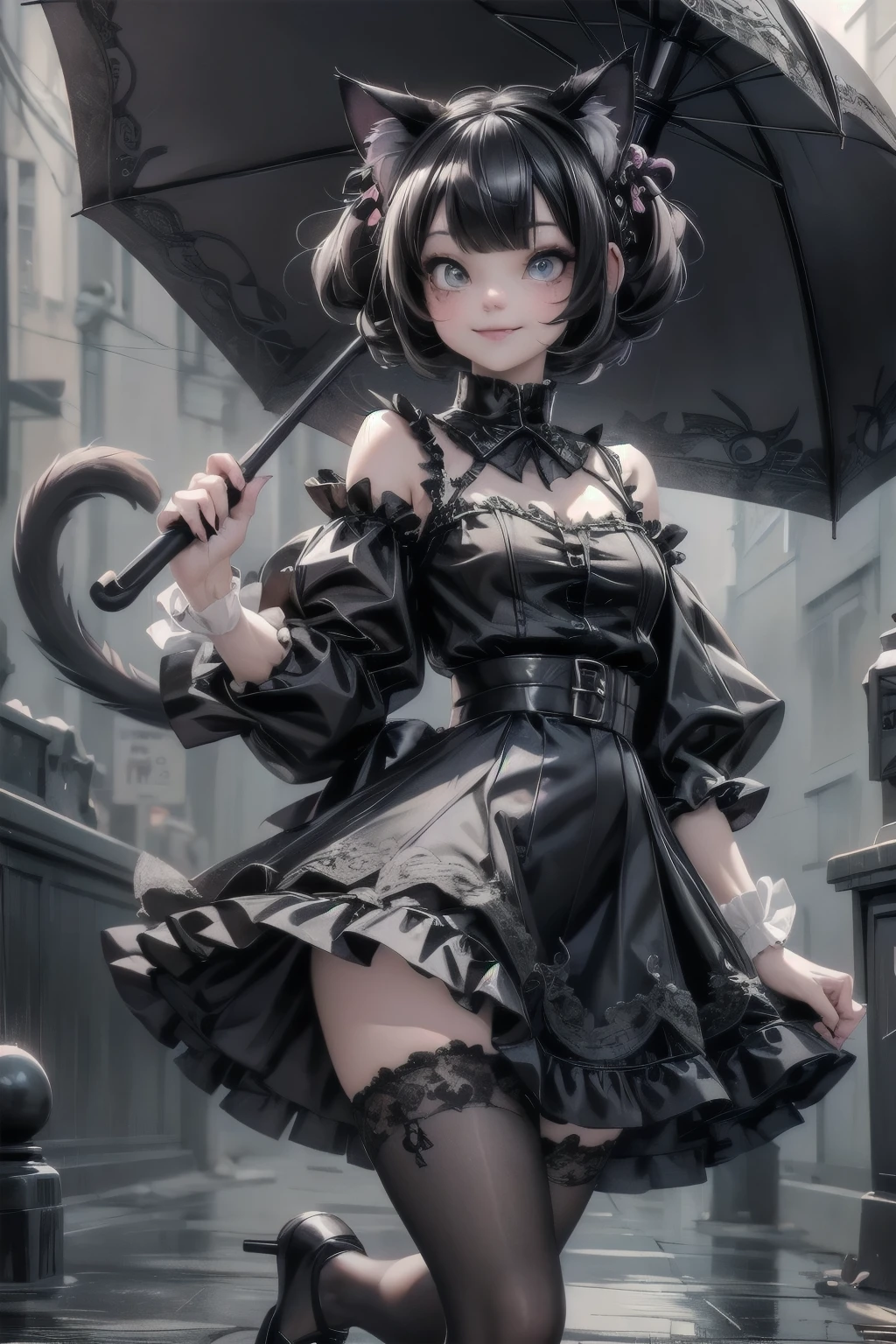 a cat girl smiling, goth clothing style, lace cloth clothing, wearing a mini ruffled skirt and crop shirt, shirt with short puffy sleeves, nylons, strap pumps, holding an umbrella, floating, creepy, horror style, dynamic pose