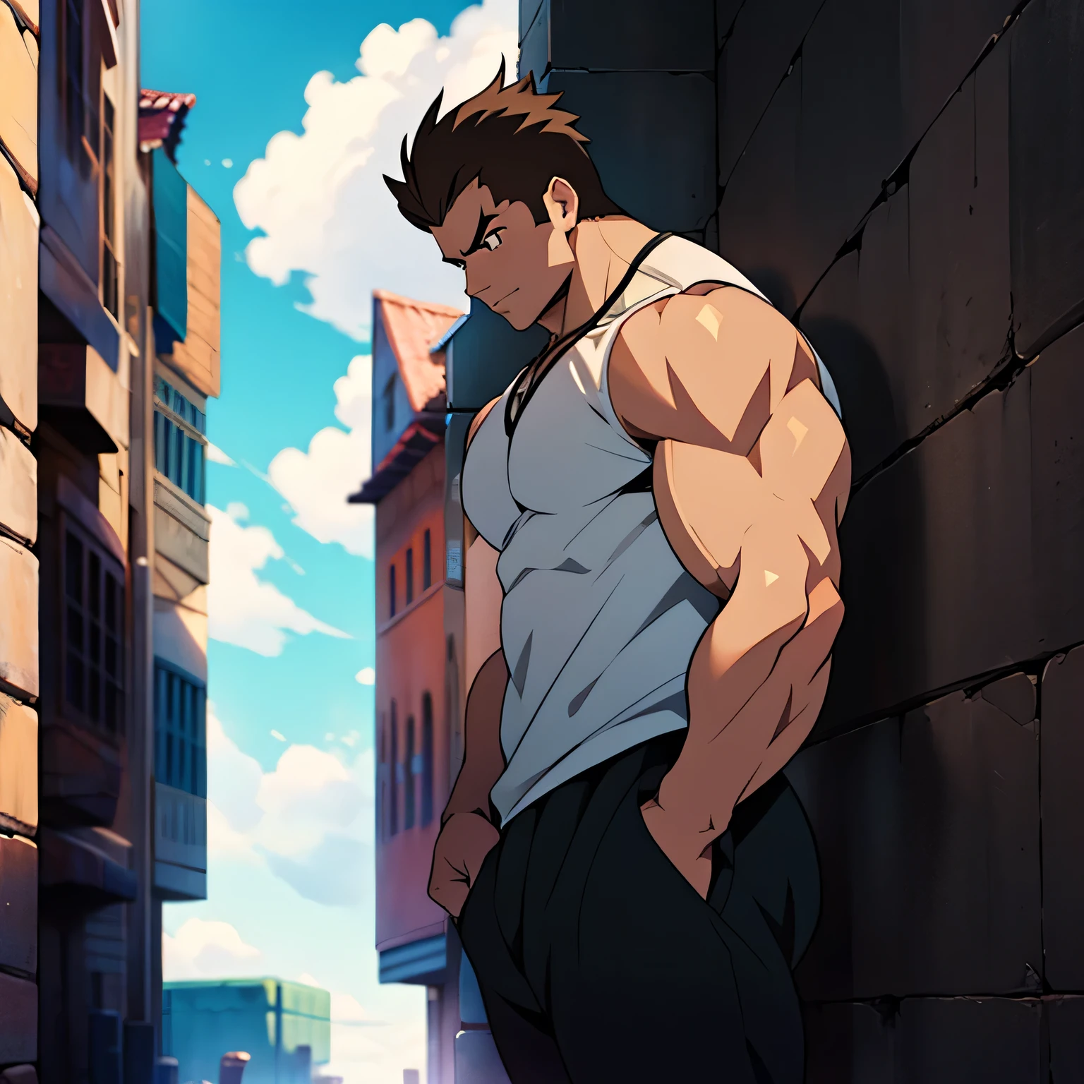 Ultra Detailed, HDR, Manga, Comic style, Manhua, Masterpiece. Young man of 25 years old. Solo male. One man only. Average body shape. Proportionate body size. Anatomically correct body. Grey pupils. Black fluffy hair. South east asian ethnicity. Casual wear. Black sleeveless undershirt, beige off-shoulder jacket, jeans, and sneakers. Walking down old road. Empty street. Empty road.