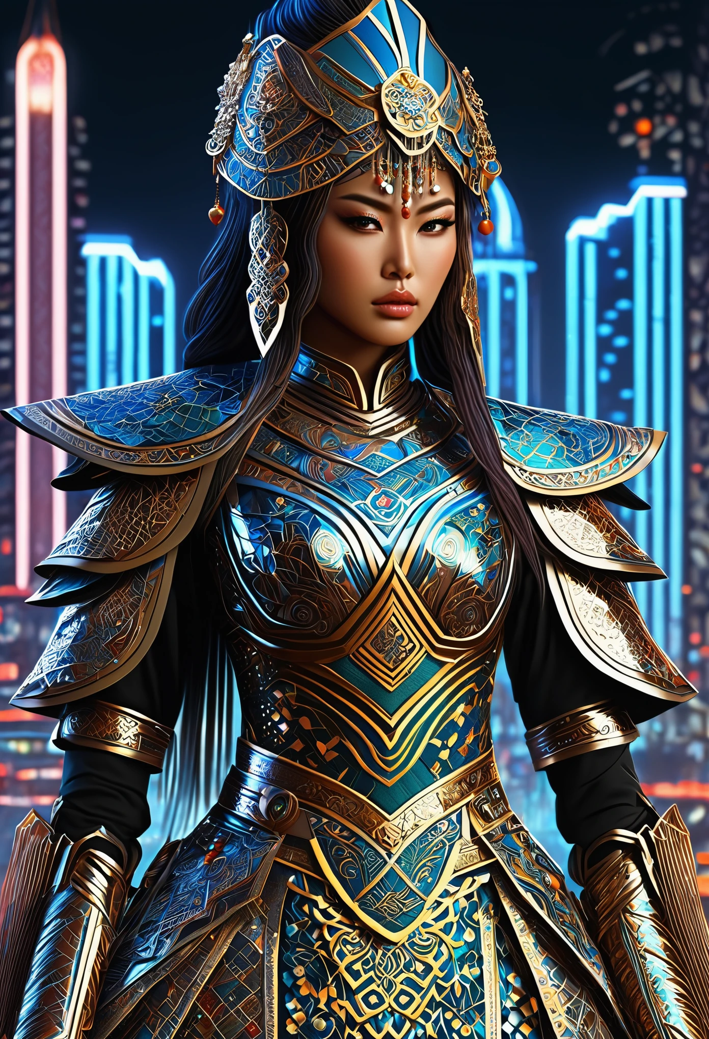 (high quality), (masterpiece), (detailed), 8K, Hyper-realistic digital illustration depicts (Japanese warrior princess1.3) adorned in (intricately embroidered fantasy attire1.2) inspired by Moroccan and Tunisian cultural heritage. Her (futuristic armor1.2) glimmers with a metallic sheen, while her (vibrant hair1.2) flows like a river of night. In the background, a (neon-lit cityscape1.2) blends traditional Islamic architecture with modern skyscrapers. In style of Ash Thorp, trending on DeviantArt.