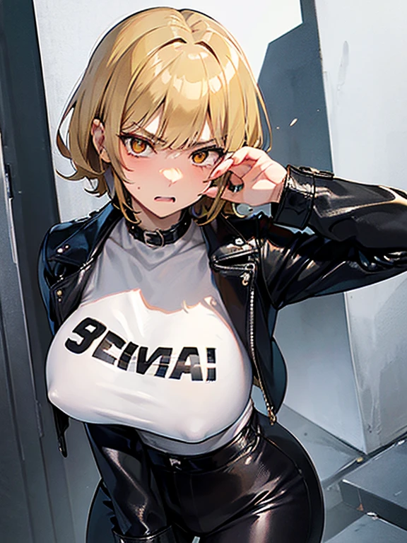 ((high quality)), ((highest quality)), (masterpiece), delinquent girl, tough appearance, sharp eyes, golden eyes, short hairstyle, dirty blonde hair color, (angry face), rough face, big breasts, black leather jacket, white shirt, crouching, curvy body, mature face