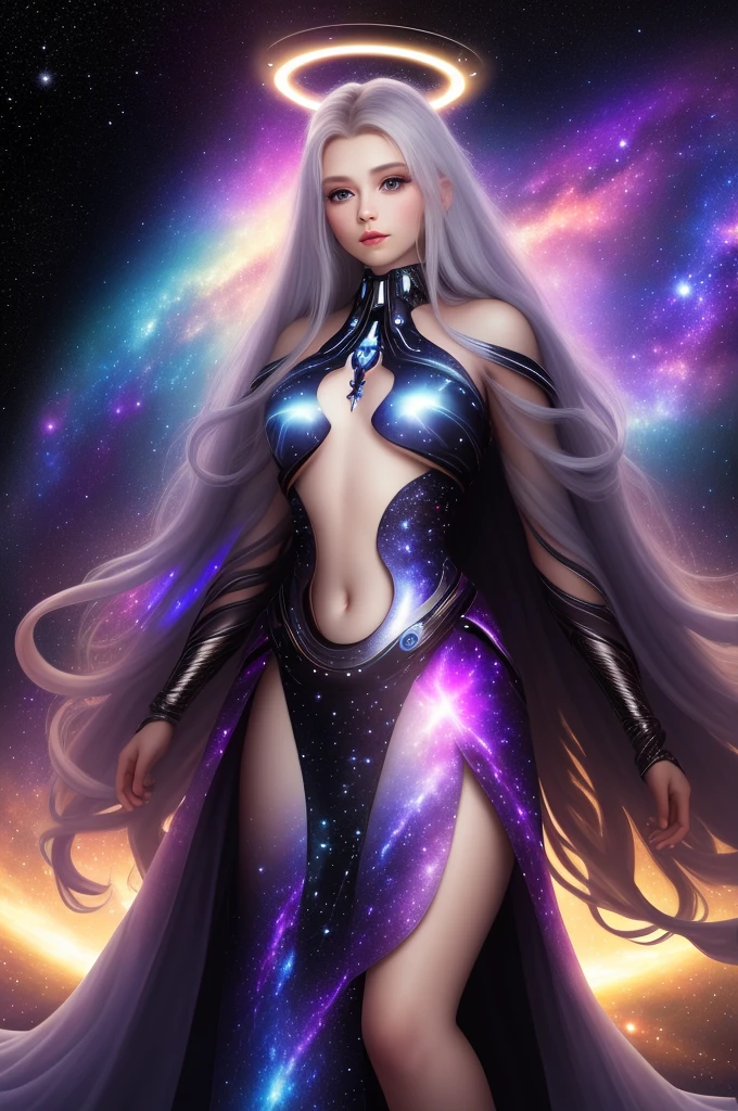 high quality, galactic looking girl, cosmic skin full of stars, white eyes without pupils, iron crown with blue gem, 4 arms, SERIOUS LOOK, without bodily features, unclothed, small chest, golden chains around him 