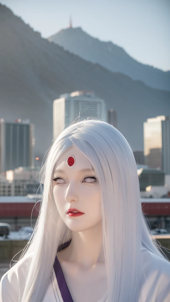 a photo shoot of a person with long hair and a hoodie, otsutsuki kaguya, kaguya from anime naruto,sexy, big breast, as an anime character, perfect anime face, she has white hair with bangs, female anime character, anime character, anime best girl, hime cut hairstyle, white hair, (red glossy lips:1.3), white eyes, smile, city background, (beautiful face:1.3)