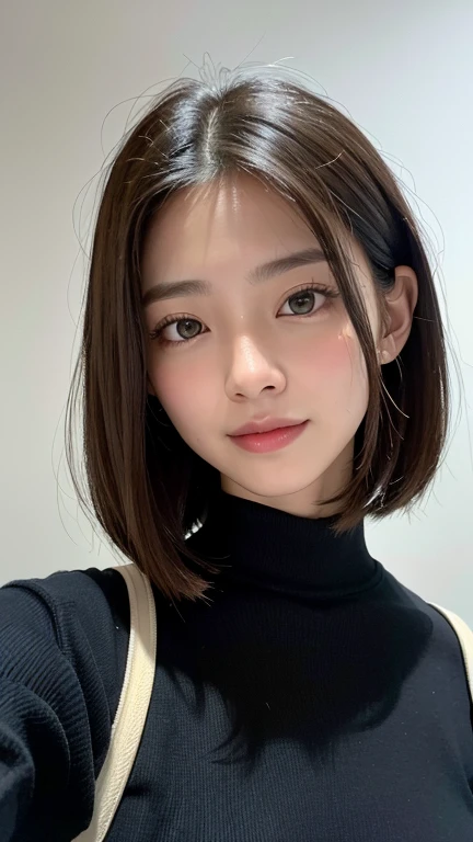 (((Close-up of face)))、(((Absolutely shoulder-length brown straight short bob)))、(((She is posing like a hair salon model, with a black wall indoors as the background.)))、(((Casual black winter long sleeves with shoulders covered)))、Half Japanese, half Korean、18 year old girl、Standing Alone、Looking forward、Light eye makeup、Brown Hair Color、Flat and 、Hair blowing in the wind、Actress Quality、Glossy, ultra-realistic face、Smiling face、Watery eyes、Gazing Up、Subtle lighting effects、 Ultra-Realistic Capture、Very detailed、High resolution 16K close up of human skin。Skin texture must be natural、The details must be such that pores can be clearly seen、The skin is healthy、Uniform tone、Use natural light and colors、A worn-out, high-quality photo taken by a model agency's in-house photographer.、smile、(((SIGMA 300 mm F/1.4,1/1000 sec shutter,ISO 400)))