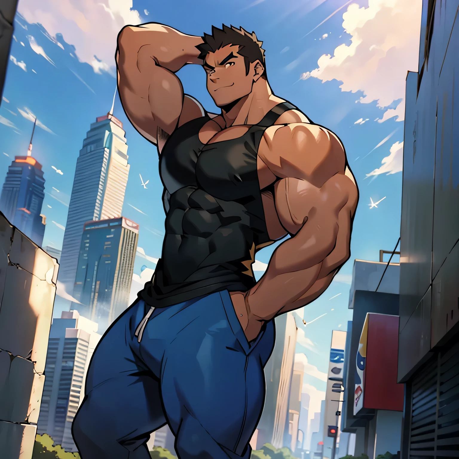 ((Anime style art)), Extremely muscular masculine character, bodybuilder body, wearing a sleeveless V-neck shirt, hands raised at neck level, The character is leaning against a wall. Pockets, Futuristic cityscape, Busy route, Buildings, person
AS & Vehicles. Main character from the anime, Nice image, Hard drive, 4k, Main character leaning against a wall with his hands at face level.