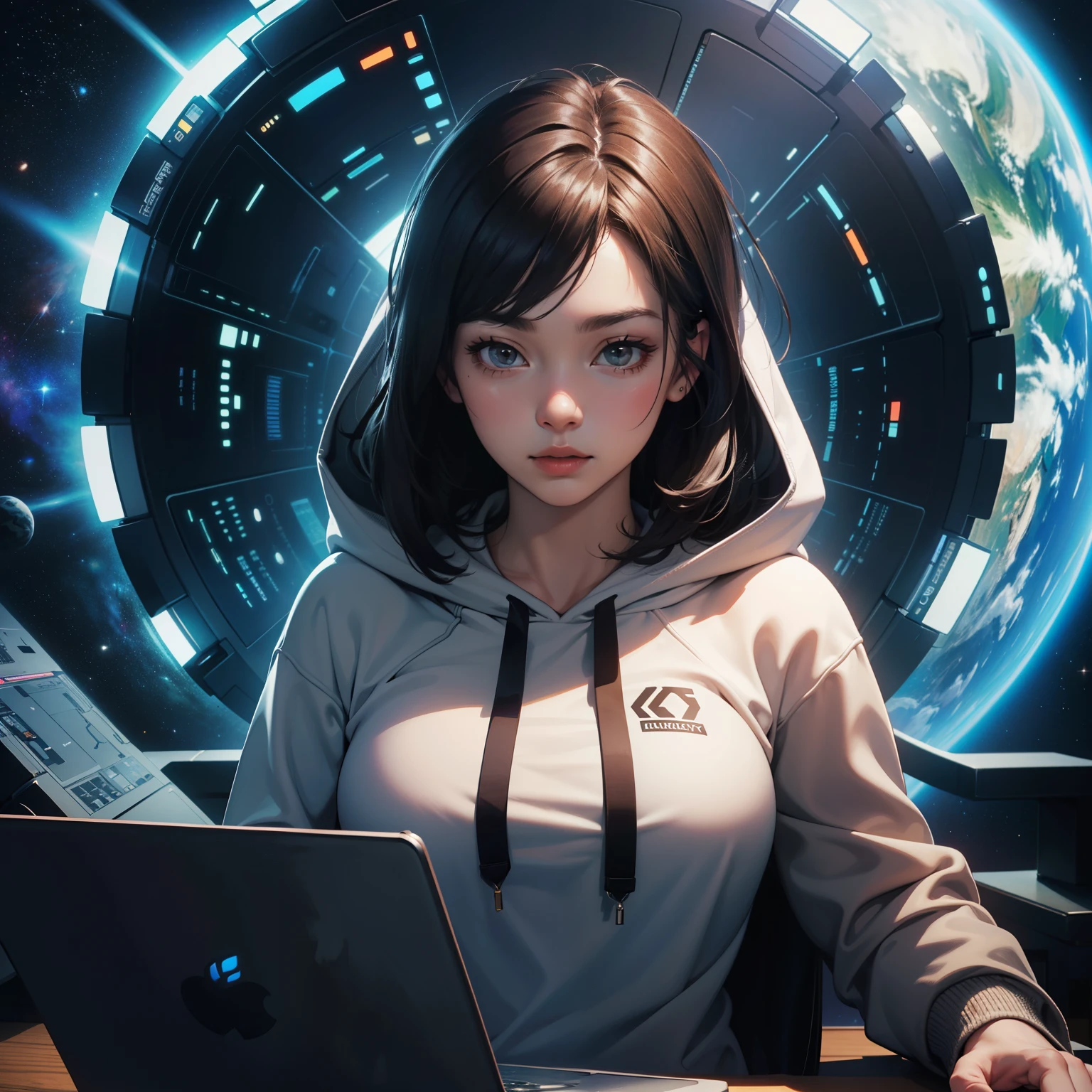(wearing hoodie)、((She summit various codes in matrix style laptop))、1 Women、thick body、(in space ship)、(black-long-hair:1.2)、((超A high resolution))、Detail Write、​masterpiece、top-quality、extremely details CG、8K picture quality
