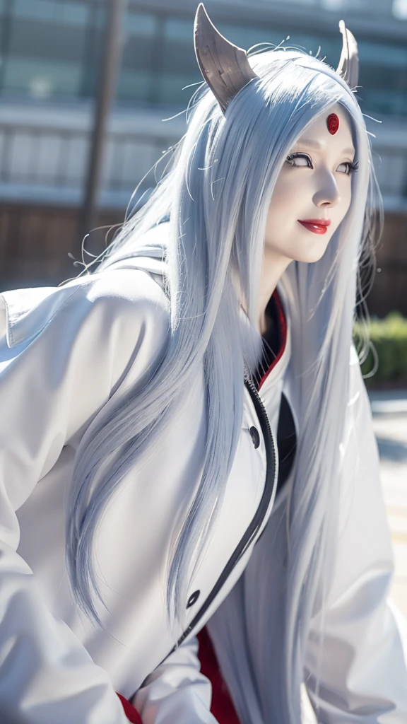 a photo shoot of a person with long hair and a hoodie, otsutsuki kaguya, kaguya from anime naruto,sexy, big breast, as an anime character, perfect anime face, she has white hair with bangs, smile, female anime character, anime character, anime best girl, hime cut hairstyle, white hair, (red glossy lips:1.3), white eyes, smile, city background, (beautiful face:1.3)