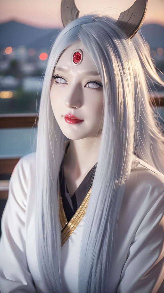 a photo shoot of a person with long hair and a hoodie, otsutsuki kaguya, kaguya from anime naruto,sexy, big breast, as an anime character, perfect anime face, she has white hair with bangs, smile, female anime character, anime character, anime best girl, hime cut hairstyle, white hair, (red glossy lips:1.3), white eyes, smile, city background, (beautiful face:1.3)