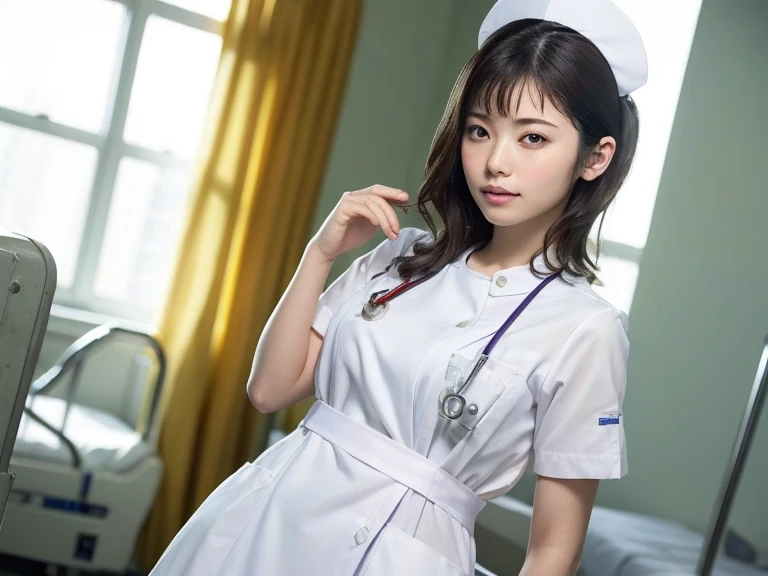 1 girl,(Wearing white nurse clothes:1.2),(RAW Photos, highest quality), (Realistic, photo-Realistic:1.4), masterpiece, Very delicate and beautiful, Very detailed, 2k wallpaper, wonderful, finely, Very detailed CG unity 8k wallpaper, Very detailed, High resolution, Soft Light, Beautiful detailed girl, Very detailed eyes and face, Beautiful and detailed nose, finely beautiful eyes, Perfect Anatomy, Black Hair, nurse uniform, ((nurse cap)), Long skirt, nurse, White costume, thin, hospital, clear, White Uniform, hospital room, Neck auscultation, ((Upper Body))