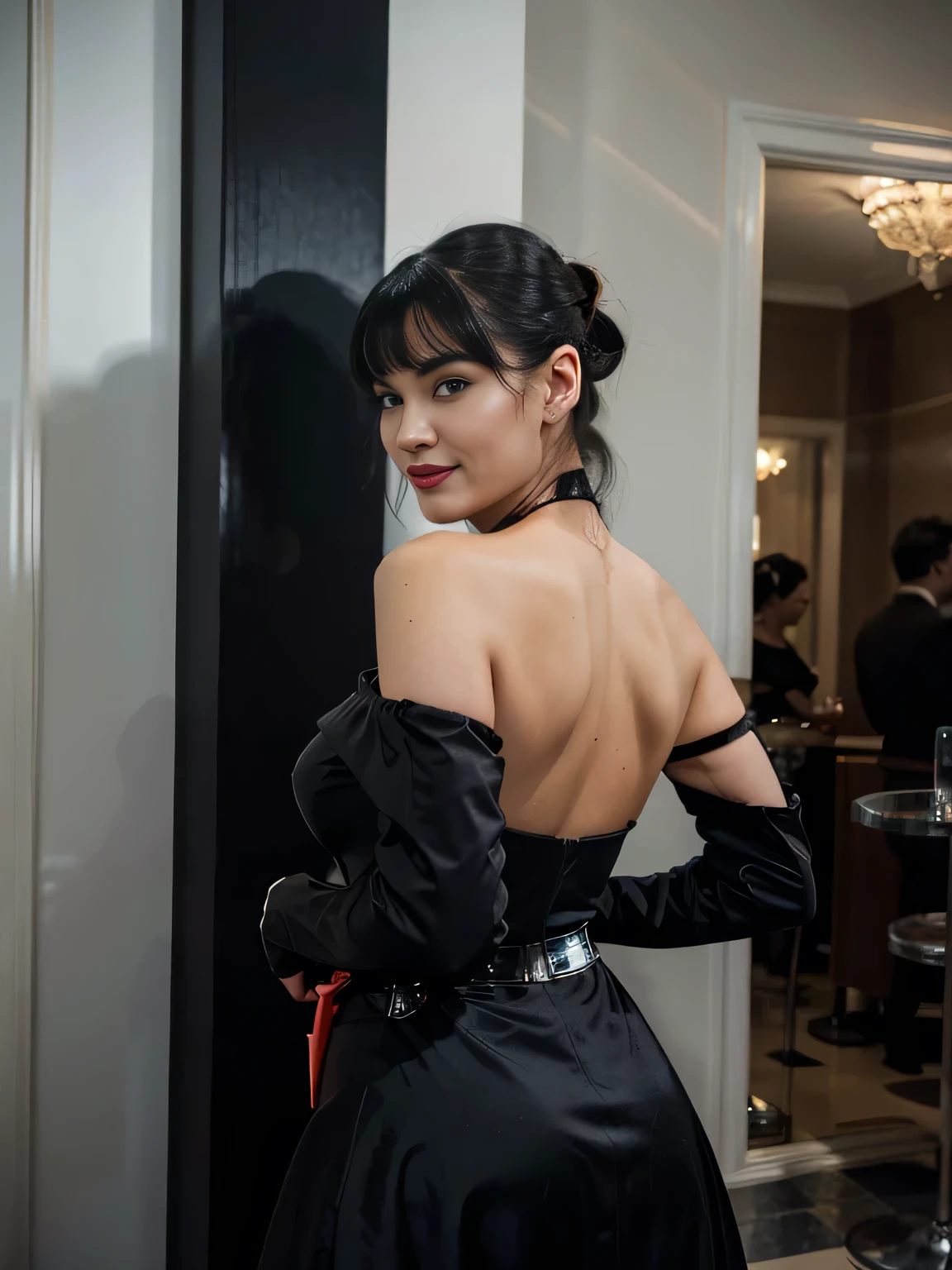 Magazine style photo of a smiling flirting with the camera Bettie page with black ponytail hair wearing a black 1900s off-the-shoulder ball dress and high black gloves inspired by Dior and Céline, red lipstick, detaiiled clear blue eyes, direct lighting, at the grand hotel balloorm bar, holding and kissing from behind a gorgeous blonde woman,dark plain background, dynamic pose, beautiful body, 160 cm 50 kg, Soho, shot on Kodak Colorplus 200, film photography, f1.8 50mm lens