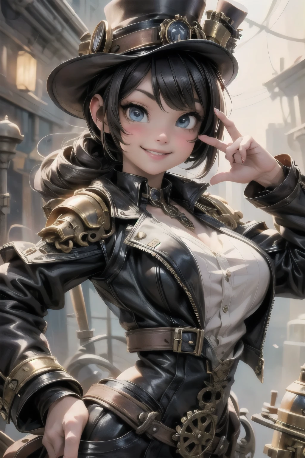 steampunk girl smiling, dynamic pose, 