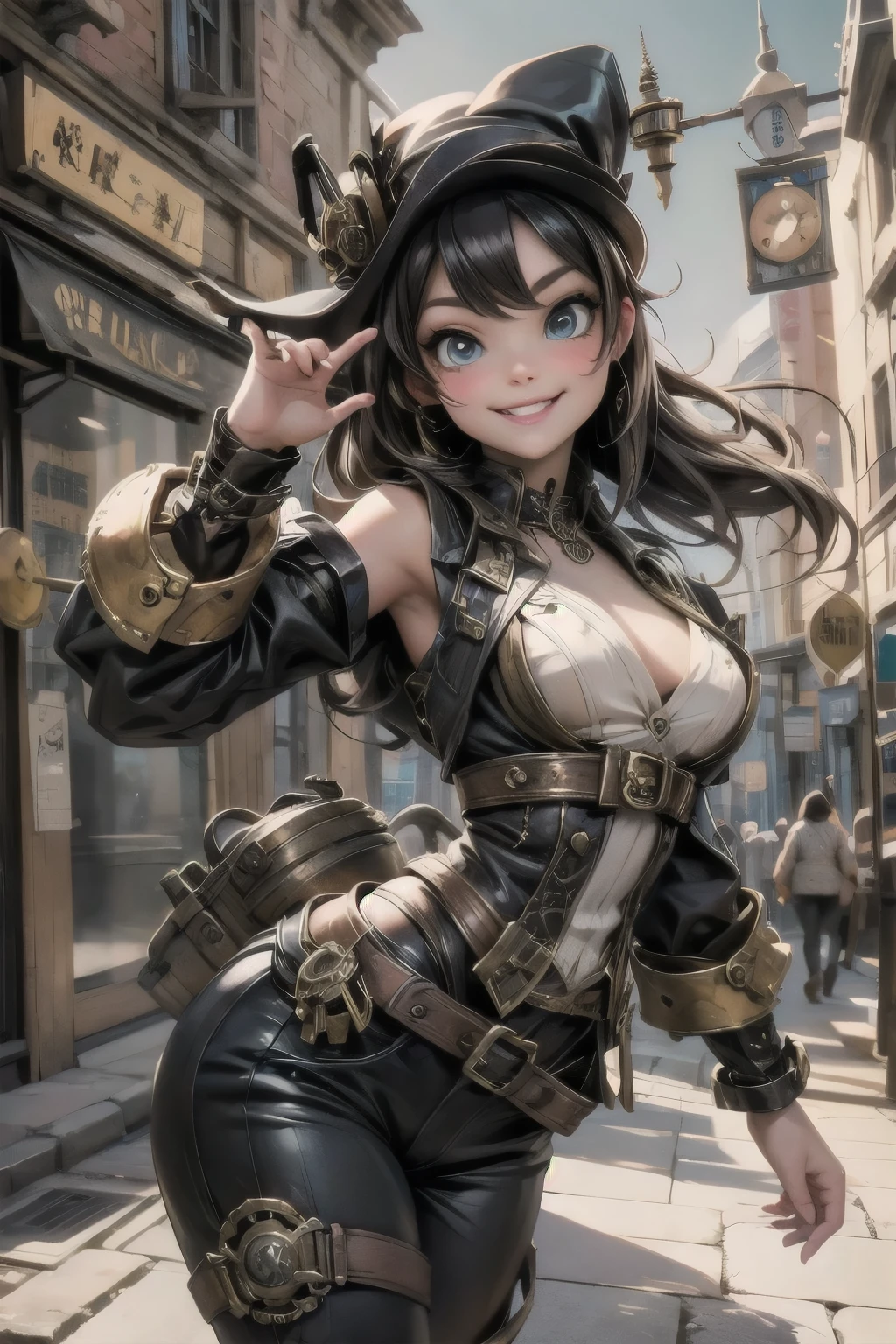 steampunk girl smiling, dynamic pose,
