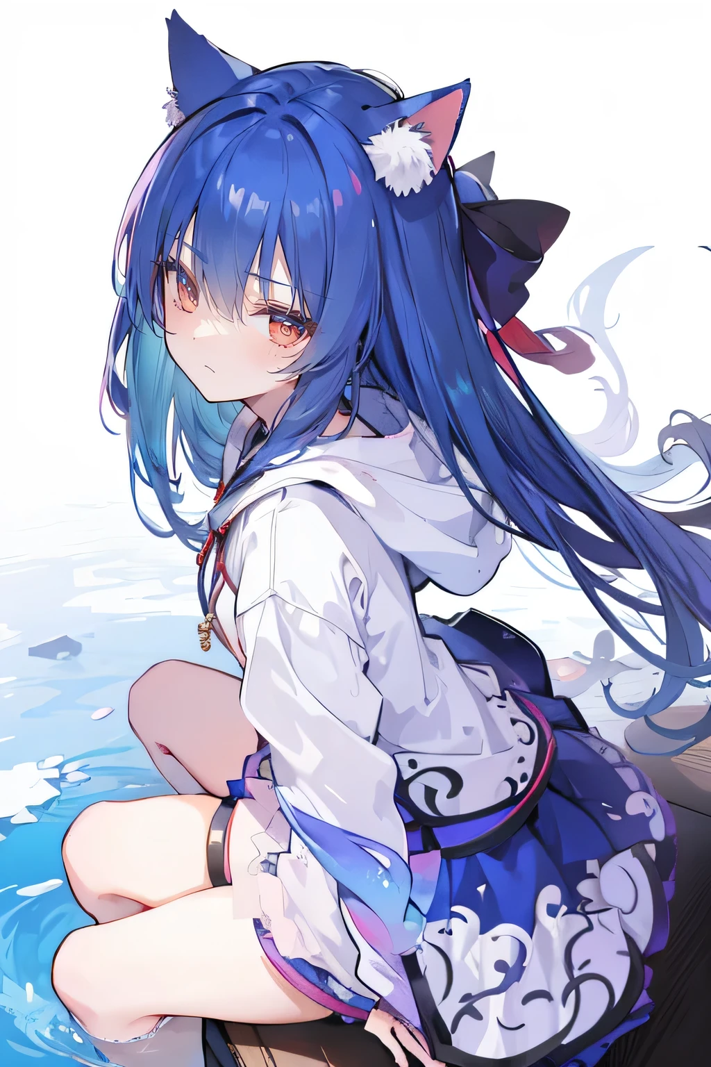 (masterpiece:1.2),Super detailed,lifelike,Expressive eyes,fair skin,perfect face shape,1 girl,
Japanese comics,Gorgeous blue hair,flowing blue hair,flowing clothes,Cat ears,Petals fall,beautiful lola,Baby Angel,
Shaking head with one hand,Cross your legs,Gentle and peaceful background,The pavilion is cool and comfortable,smile, wearing hoodie, background of tokyo,back views,snowing, winter.