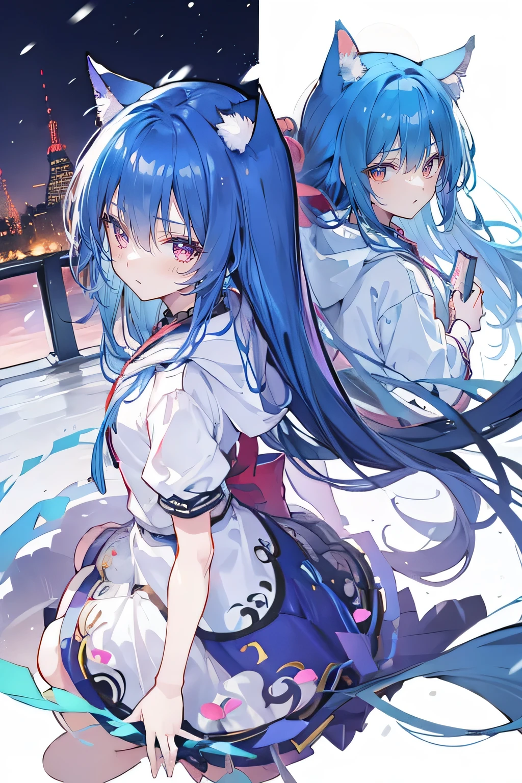 (masterpiece:1.2),Super detailed,lifelike,Expressive eyes,fair skin,perfect face shape,1 girl,
Japanese comics,Gorgeous blue hair,flowing blue hair,flowing clothes,Cat ears,Petals fall,beautiful lola,Baby Angel,
Shaking head with one hand,Cross your legs,Gentle and peaceful background,The pavilion is cool and comfortable,smile, wearing hoodie, background of tokyo,back views,snowing, winter.