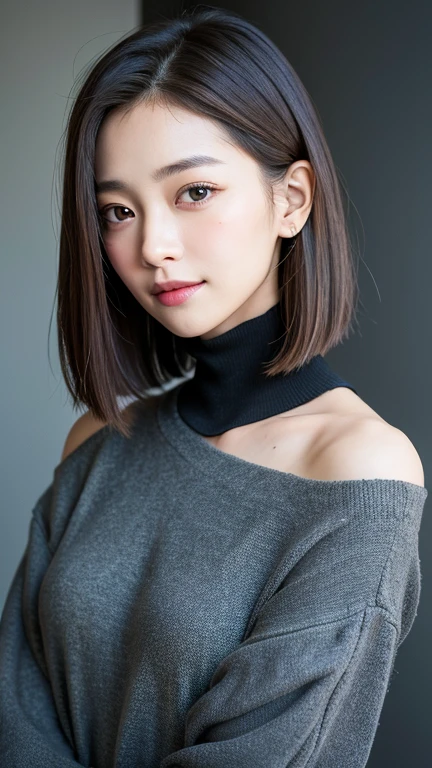 (((Close-up of face)))、(((Absolutely shoulder-length brown straight short bob)))、(((She is posing like a hair salon model, with a black wall indoors as the background.)))、(((Casual black winter long sleeves with shoulders covered)))、Half Japanese, half Korean、18 year old girl、Standing Alone、Looking forward、Light eye makeup、Brown Hair Color、Flat and 、Hair blowing in the wind、Actress Quality、Glossy, ultra-realistic face、Smiling face、Watery eyes、Gazing Up、Subtle lighting effects、 Ultra-Realistic Capture、Very detailed、High resolution 16K close up of human skin。Skin texture must be natural、The details must be such that pores can be clearly seen、The skin is healthy、Uniform tone、Use natural light and colors、A worn-out, high-quality photo taken by a model agency's in-house photographer.、smile、(((SIGMA 300 mm F/1.4,1/1000 sec shutter,ISO 400)))