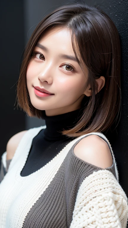 (((Close-up of face)))、(((Absolutely shoulder-length brown straight short bob)))、(((She is posing like a hair salon model, with a black wall indoors as the background.)))、(((Casual black winter long sleeves with shoulders covered)))、Half Japanese, half Korean、18 year old girl、Standing Alone、Looking forward、Light eye makeup、Brown Hair Color、Flat and 、Hair blowing in the wind、Actress Quality、Glossy, ultra-realistic face、Smiling face、Watery eyes、Gazing Up、Subtle lighting effects、 Ultra-Realistic Capture、Very detailed、High resolution 16K close up of human skin。Skin texture must be natural、The details must be such that pores can be clearly seen、The skin is healthy、Uniform tone、Use natural light and colors、A worn-out, high-quality photo taken by a model agency's in-house photographer.、smile、(((SIGMA 300 mm F/1.4,1/1000 sec shutter,ISO 400)))