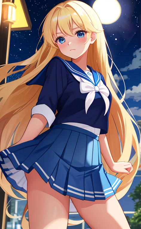 Beautiful long blonde hair　Embarrassing　blue eyes 　Tears overflow from my eyes　diaper　A girl wearing a long-sleeved sailor suit　　Pleated skirt　　School corridor at night　Skirt lifted　Open your legs