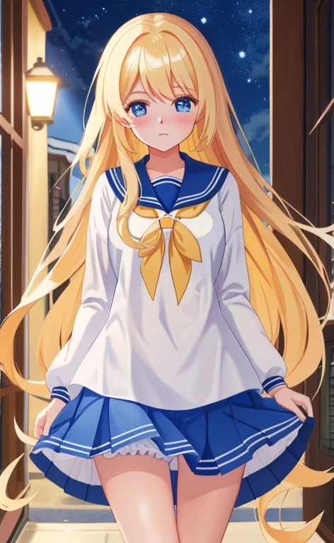 Beautiful long blonde hair　Embarrassing　blue eyes 　Tears overflow from my eyes　diaper　A girl wearing a long-sleeved sailor suit　　Pleated skirt　　School corridor at night　Skirt lifted　Open your legs