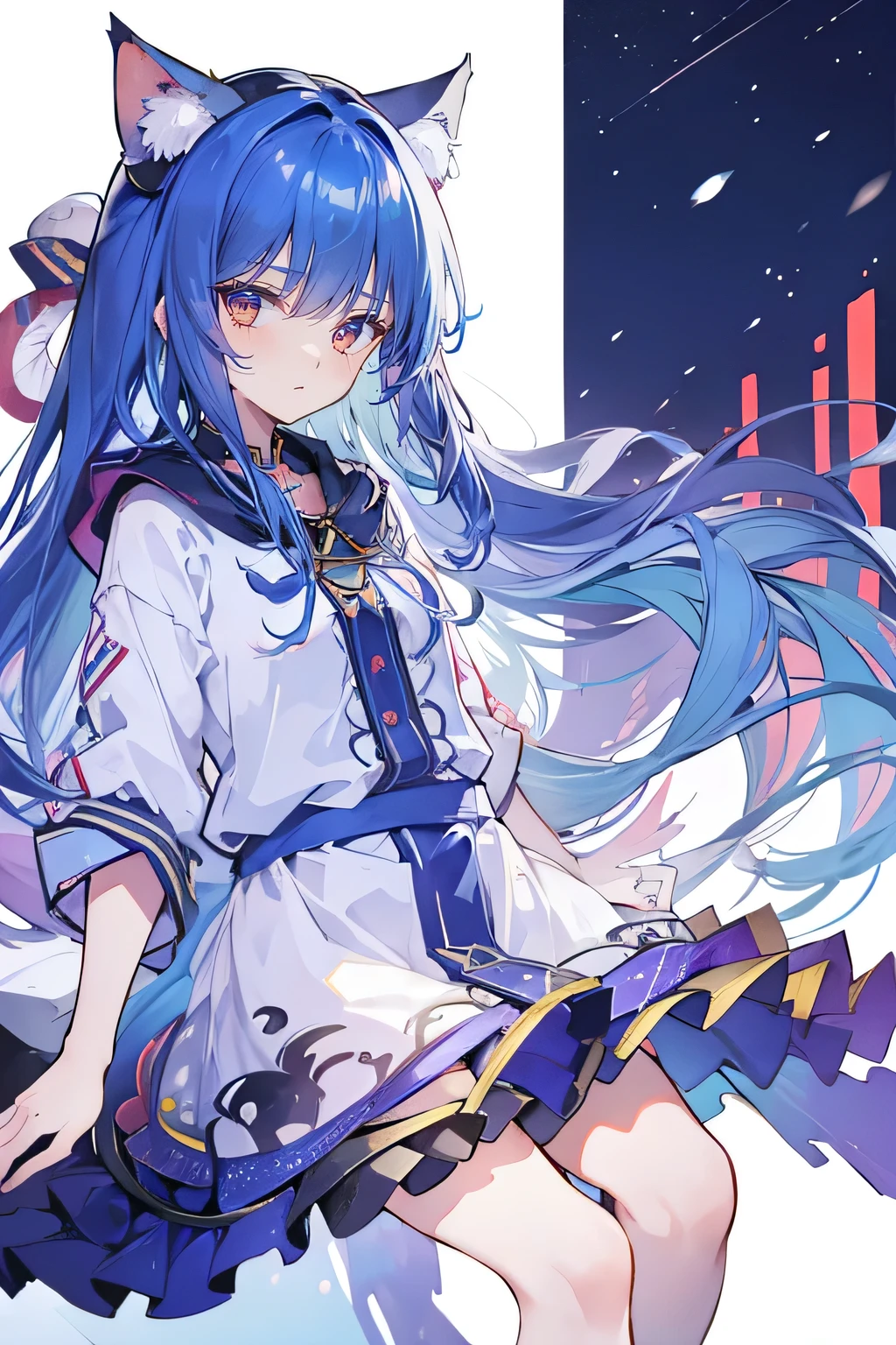 (masterpiece:1.2),Super detailed,lifelike,Expressive eyes,fair skin,perfect face shape,1 girl,
Japanese comics,Gorgeous blue hair,flowing blue hair,flowing clothes,Cat ears,Petals fall,beautiful lola,Baby Angel,
Shaking head with one hand,Cross your legs,Gentle and peaceful background,The pavilion is cool and comfortable,smile, wearing hoodie, background of tokyo,back views,snowing, winter.