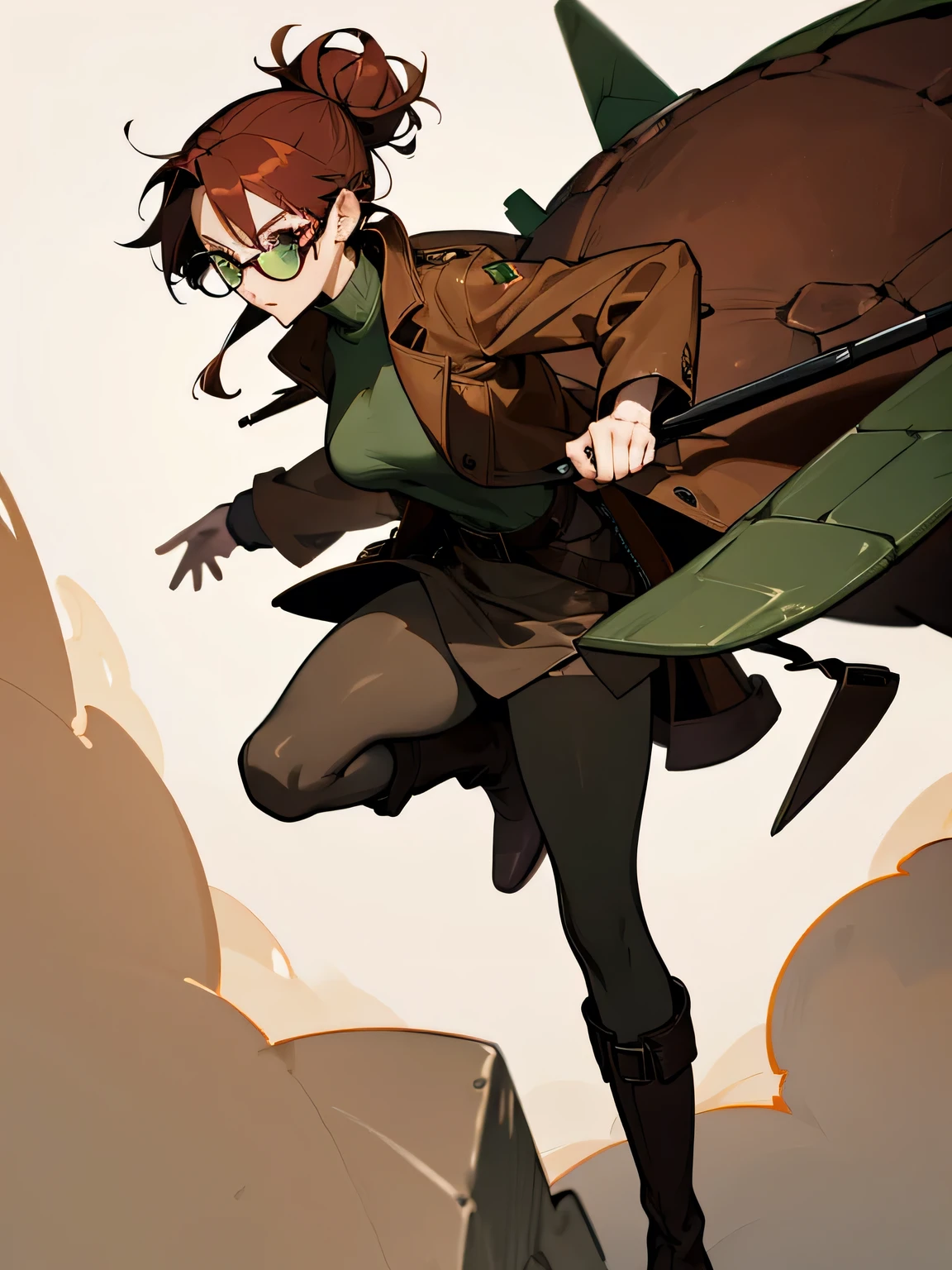 female character wavy dark red hair in a messy bun and green eyes with rectangle glasses wearing light brown turtle neck shirt and a leather skirt with a brown coat and brown boots