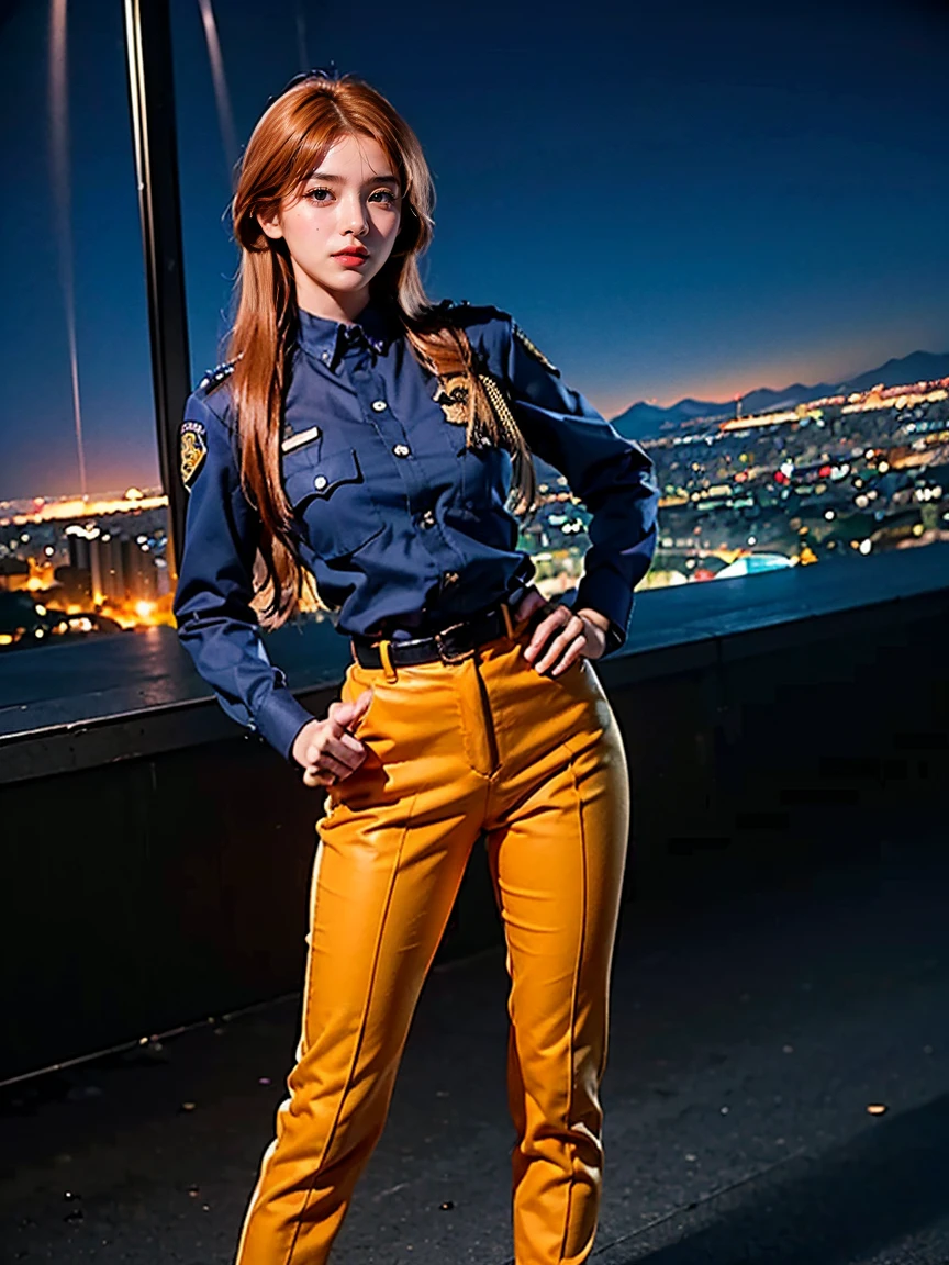 (1 lady), (Best quality at best:1.4), (ultra - detailed), (extremely detailed CG unified 16k), A Beautiful Woman with Perfect Figure: 1.4, Sharp Focus: 1.2, very detailed, High-definition RAW color photo, professional photoshooting, amazing face and eyes, cosmetics, (amazingly beautiful girl), ((asuka)), ((police uniform, whole body police uniform, long sleeves blue navy shirt, police uniform blue navy pants)), standing, sexyposture,(Dark and stylish urban landscape, city lights, city lights:1.3), (look from down), realistic cinematic face, head to feet long wide zoomed out view, full body long view, photorealistic, ((realistic natural orange redhair style, blue eyes, long hair)), gorgeous, extremely beautiful face, perfect model beauty, pout mouth, Highly Detailed Face and Skin Texture, Detailed Eyes, Double Eyelids, Medium Breasts, Smile, cleavages, western, (masterpiece), best quality, high resolution, extremely detailed, blurred background, depth of field, cinematic lighting, amazing legs, combat boots, clear and well-cared skin, (((woman occupies most of the picture))), (photorealistic colors, photography colors)