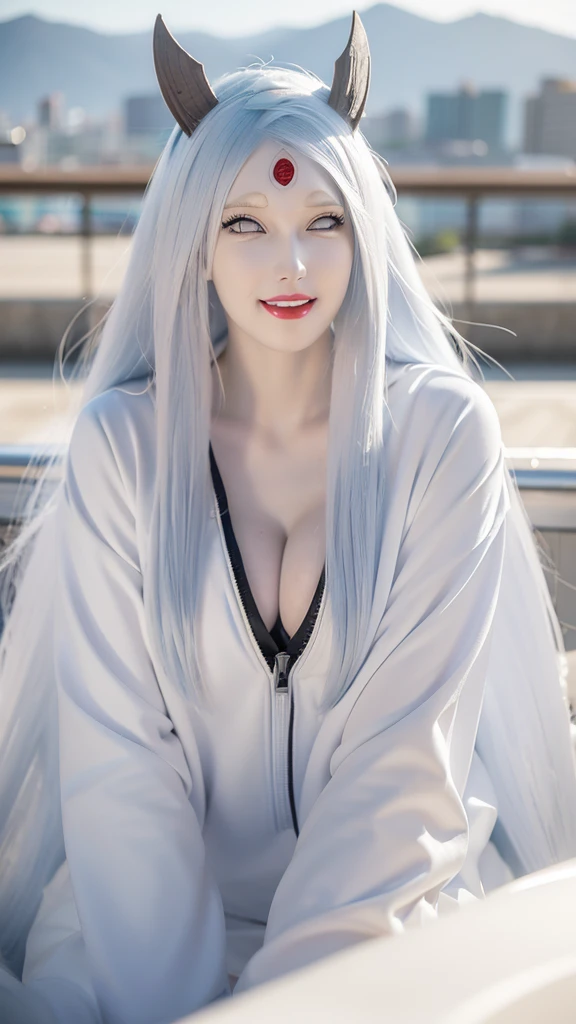a photo shoot of a person with long hair and a hoodie, otsutsuki kaguya, kaguya from anime naruto,sexy, big breast, as an anime character, perfect anime face, she has white hair with bangs, spoiled smile, female anime character, anime character, anime best girl, hime cut hairstyle, white hair, (red glossy lips:1.3), white eyes, smile, city background, (beautiful face:1.3)