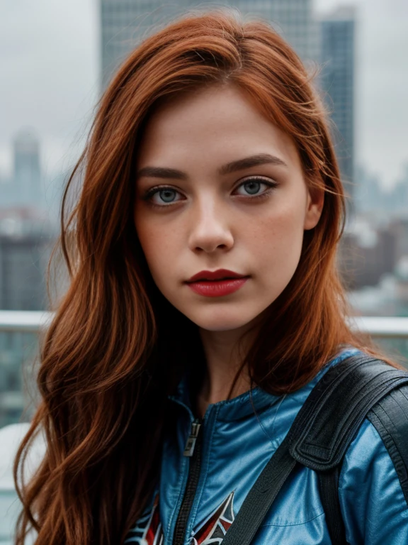 16k, HDR, RTX, photorealistic, 1 beautiful redhead woman with small freckles on her cheeks, cute, lips, red lipstick, long hair, looking at viewer, makeup, nose, realistic, (completely body), ((redhead woman with freckles)), raw photo,studio_shot,uhd, dslr, soft lighting, high quality, film grain, cute, lips, long hair, looking at viewer, makeup, nose, realistic, (complete body), raw photo, studio_shot, soft lighting, high quality, film grain,(1girl:1.3), Solo, (((Very detailed face)))), ((Very detailed eyes and face)))), Beautiful detail eyes, Body parts__, Official art, Unified 8k wallpaper, Super detailed, beautiful and beautiful, beautiful, masterpiece, best quality, original, masterpiece, super fine photo, best quality, super high resolution, realistic realism, sunlight, full body portrait, amazing beauty, dynamic pose, delicate face, vibrant eyes, (from the front), She wears Spider-Man suit, red and black color scheme, spider, very detailed city roof background, rooftop, overlooking the city, detailed face, detailed complex busy background, messy, gorgeous, highly detailed skin, realistic skin details, visible pores, clear focus, volumetric fog, DSLR, high quality, film grain, fair skin, photo realism, lomography, futuristic dystopian megalopolis, translucent