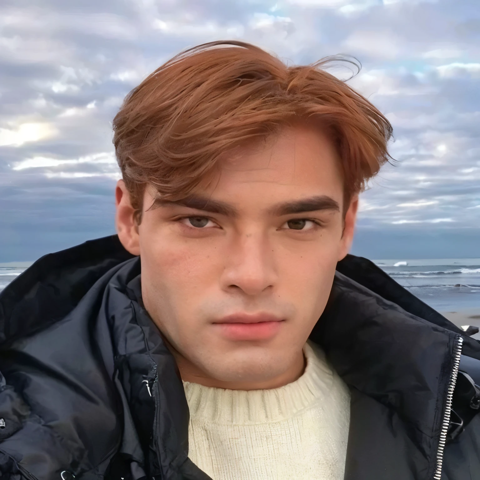 homem arafiado com cabelo ruivo e jaqueta preta na praia, olhos verdes