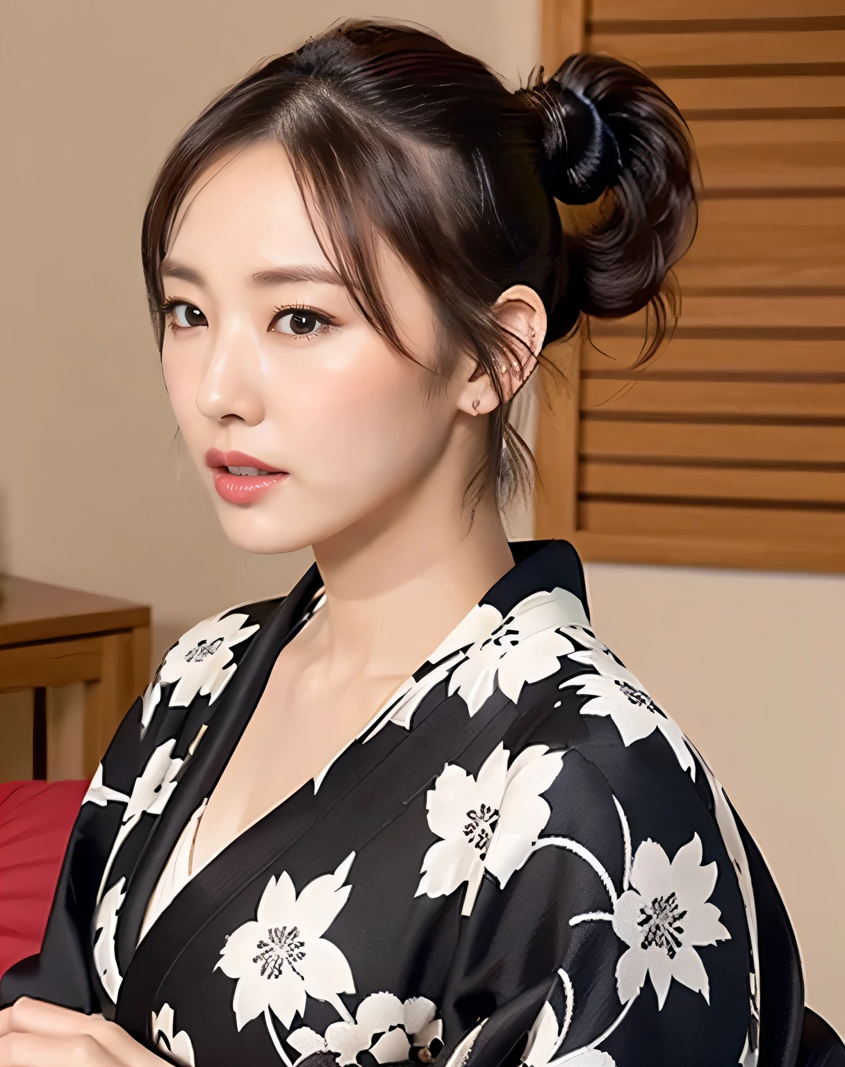 (Flower pattern kimono, intricate black, Webbing:1.4),
((highest quality, 8k, masterpiece: 1.3)), Perfect body beauty: 1.4, (Breast A cup:1.2), Small breasts, Round shaped breasts, Perfectly shaped breasts, Highly detailed face, Beautiful woman, (Dark brown shortcuts), Slim face, Highly detailed face and skin texture, Highly detailed lips, (Realistic:1.4),
((30th Generation, Sexy young wife:1.2)),
((Lay a red futon in a Japanese-style room, Sit on the futon with your legs stretched out, Start taking off clothes, No bra, Beautiful thighs:1.2)),((Sexy atmosphere, Gaze seducing a man, hold out your lips, A sigh escapes, Hair is messed up, Hold your crotch with your hands)),
((Dark room, Lantern:1.2)),
((Squint your eyes)),
((purse your lips:1.2)),
((Blushing:1.2)),
((Open your mouth a little to show your white teeth)),
((Breast enlargement,Flat Chest:1.2)),
Narrow shoulders, Long, slender legs, Thin waist,
Ultra-detailed skin, Glossy Skin, Ultra detailed face, Ultra detailed breasts,
Ultra-detailed eyes, Slit eyes, Brown eyes, double eyelid, Beautiful thin eyebrows, Thin, long eyelashes,
Ultra-detailed lips, Fuller lips, Glossy pink lips, Flushed Cheeks, White teeth,
Beautiful actress's languid make-up, Pink lipstick, Smoky eyeshadow, Eye foundation,
Dark brown hair, Delicate and soft hair, Hair blowing in the wind,
(Elegantly putting your hair up, short hair, ponytail:1.5), Layered Cut, (Blunt bangs:1.2),