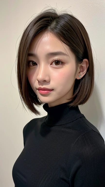 (((Close-up of face)))、(((Absolutely shoulder-length brown straight short bob)))、(((She is posing like a hair salon model, with a black wall indoors as the background.)))、(((Casual black winter long sleeves with shoulders covered)))、Half Japanese, half Korean、18 year old girl、Standing Alone、Looking forward、Light eye makeup、Brown Hair Color、Flat and 、Hair blowing in the wind、Actress Quality、Glossy, ultra-realistic face、Smiling face、Watery eyes、Gazing Up、Subtle lighting effects、 Ultra-Realistic Capture、Very detailed、High resolution 16K close up of human skin。Skin texture must be natural、The details must be such that pores can be clearly seen、The skin is healthy、Uniform tone、Use natural light and colors、A worn-out, high-quality photo taken by a model agency&#39;s in-house photographer.、smile、(((SIGMA 300 mm F/1.4,1/1000 sec shutter,ISO 400))) 