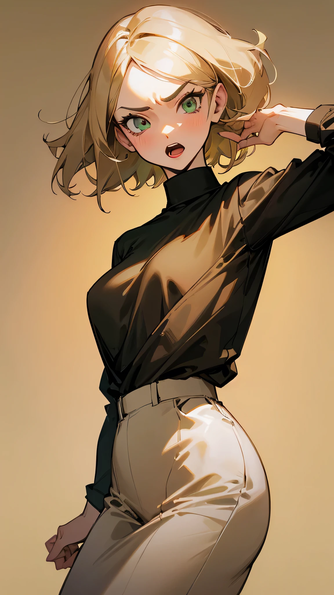 precious milf in bad mood, lefty representative woman, (((1girl))), frowning, (open mouth), beautiful face, lipstick, short straight hair, blonde, green eyes, (in tight black tshirt), ((long sleeves shirt)), perfect body, medium body picture, masterpiece, highres, best_quality, full_beige_background:0.4, (plain_background:1.3), (vintage comic-style)