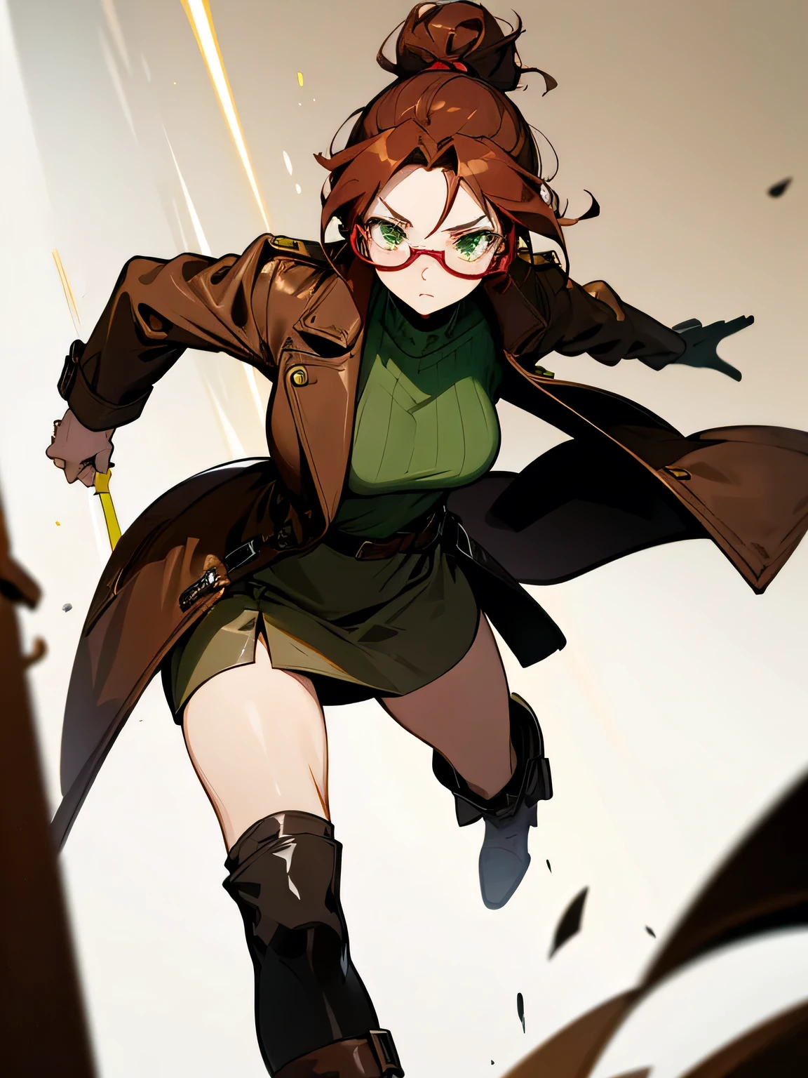 female character wavy dark red hair in a messy bun and green eyes with rectangle glasses wearing light brown turtle neck shirt and a leather skirt with a brown coat and brown boots