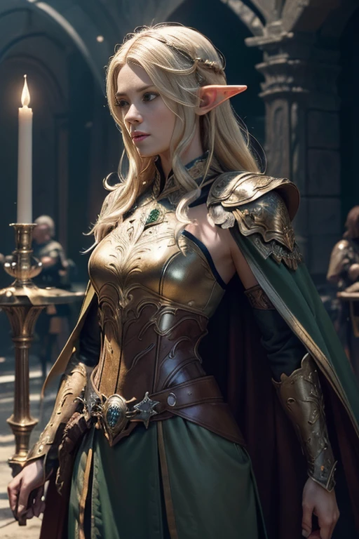 (master piece:1.5), (best quality:1.5), (exquisite lighting and shadow, highly dramatic picture, cinematic lens effect) (Photorealistic picture) highly detailed, realistic, cinematic lighting, studio quality, 8k, wallpaper, dynamic pose, anatomy correct, epic fantasy digital art, Epic composition, full body yellow hair pale female elf wizard wearing a brown leather armor, green intricate elaborated tunic with leaf accents small shoulder green armor with leaf ornaments, brown leather gauntlets, no helmet, long brown cape, white castle at the distance