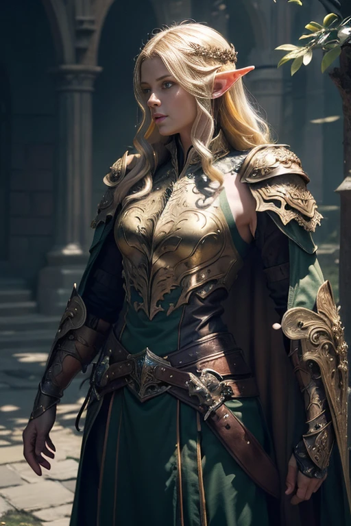 (master piece:1.5), (best quality:1.5), (exquisite lighting and shadow, highly dramatic picture, cinematic lens effect) (Photorealistic picture) highly detailed, realistic, cinematic lighting, studio quality, 8k, wallpaper, dynamic pose, anatomy correct, epic fantasy digital art, Epic composition, full body yellow hair pale female elf wizard wearing a brown leather armor, green intricate elaborated tunic with leaf accents small shoulder green armor with leaf ornaments, brown leather gauntlets, no helmet, long brown cape, white castle at the distance