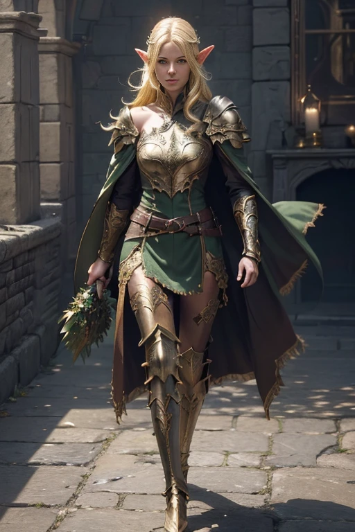 (master piece:1.5), (best quality:1.5), (exquisite lighting and shadow, highly dramatic picture, cinematic lens effect) (Photorealistic picture) highly detailed, realistic, cinematic lighting, studio quality, 8k, wallpaper, dynamic pose, anatomy correct, epic fantasy digital art, Epic composition, full body yellow hair pale female elf wizard wearing a brown leather armor, green intricate elaborated tunic with leaf accents small shoulder green armor with leaf ornaments, brown leather gauntlets, no helmet, long brown cape, white castle at the distance