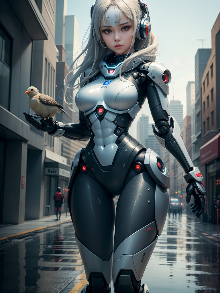 A robot with a perfect female face, Ultra-realistic humanoids, Robots with human-like faces and mechanically detailed bodies, 8K images, Robot holding a bird in his hands, Quiet environment, Future city background, Ultra-realistic robot with human-like features, Peace, ((masterpiece, best quality,)), mute, (wet:1.2), girl, Medium breasts, (transparent:1.3) --automatic